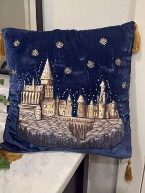 Pottery Barn Teen Navy Blue Velvet Hogwarts Pillow with Gold Tassels